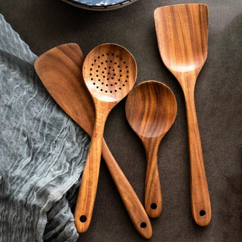 Wooden Kitchen Utensil Set with Storage Holder – Spatulas, Spoons & Salad Tools - northevora
